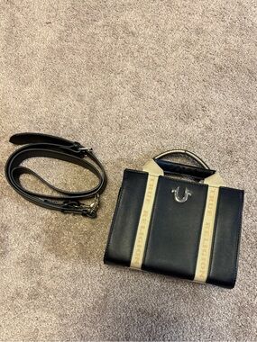 True Religion Black Mini Tote with Cream Stripe Accents